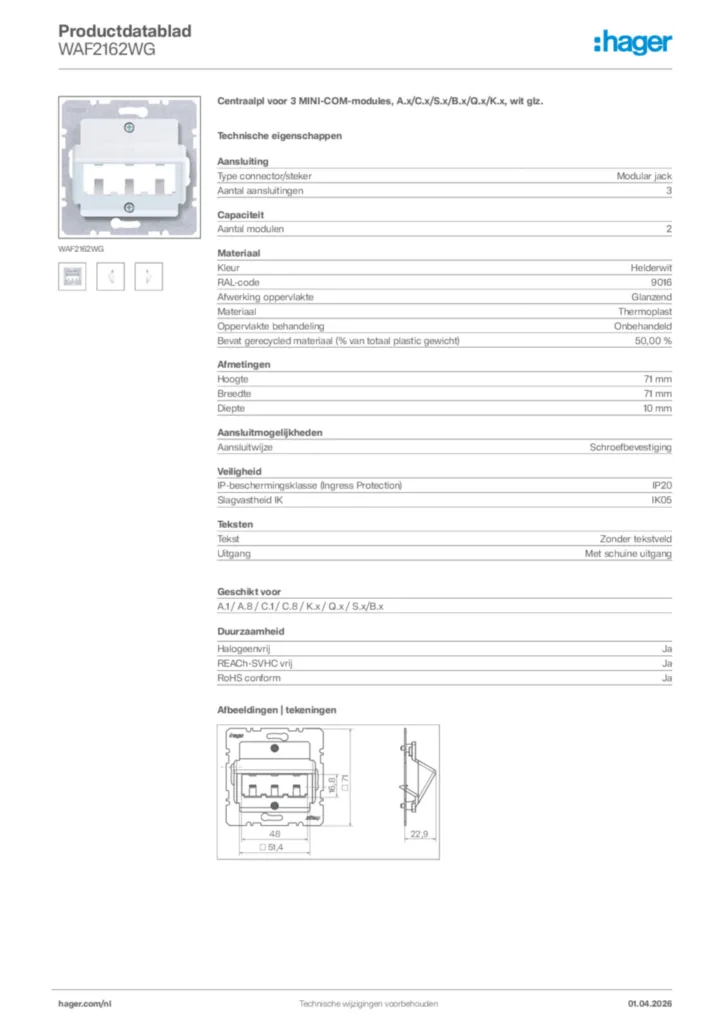Afbeelding Hager Productdatablad WAF2162WG | Hager Nederland
