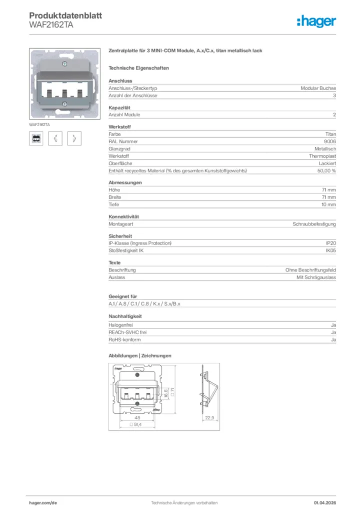 Bild Hager Produktdatenblatt WAF2162TA | Hager Deutschland