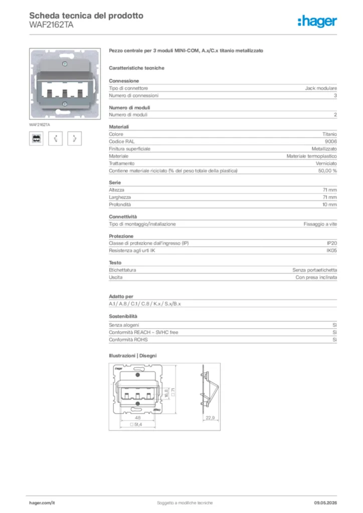 Immagine Hager Scheda tecnica del prodotto WAF2162TA | Hager Italia