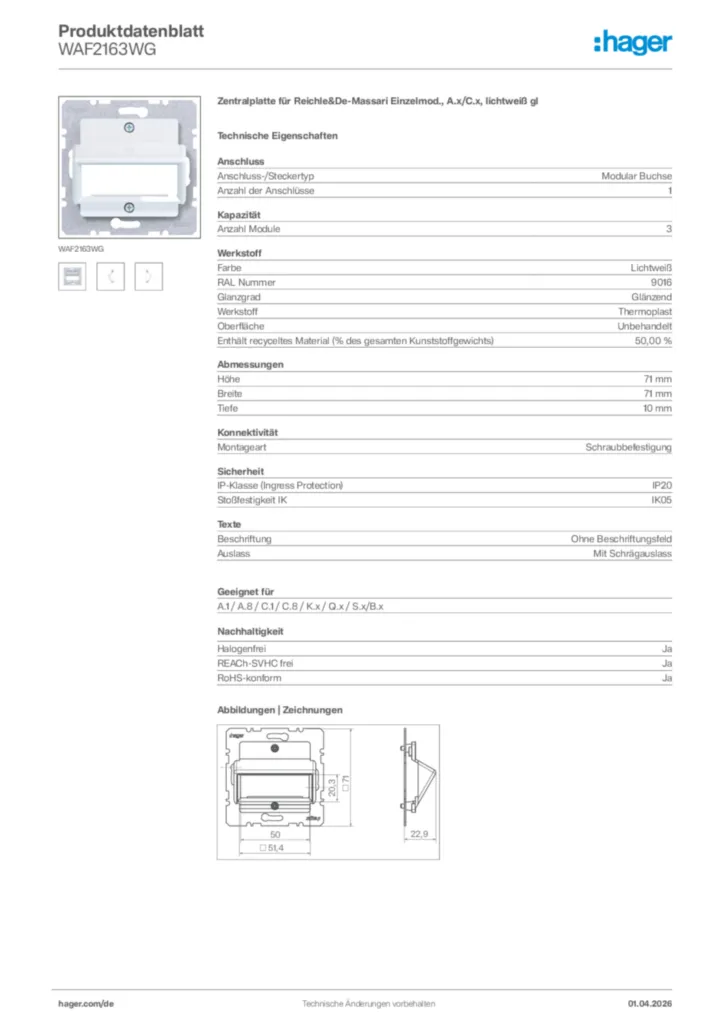 Bild Hager Produktdatenblatt WAF2163WG | Hager Deutschland