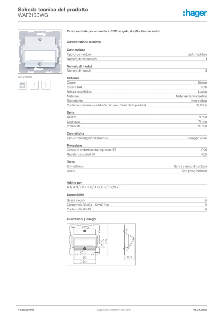 Immagine Hager Scheda tecnica del prodotto WAF2163WG | Hager Italia