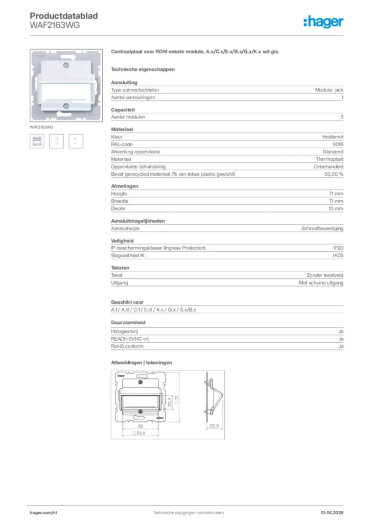 Afbeelding Hager Productdatablad WAF2163WG | Hager Nederland