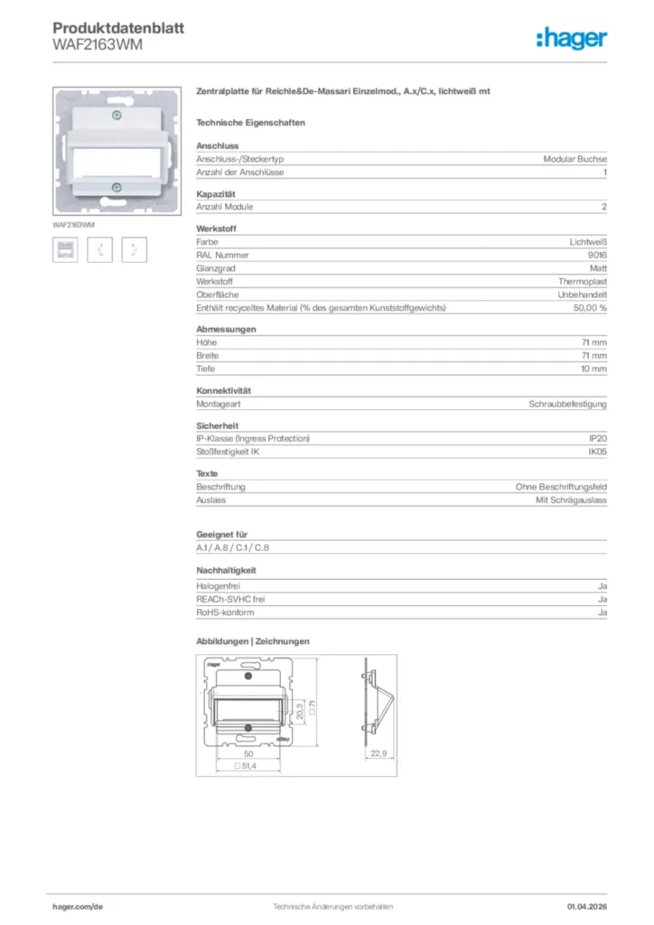 Bild Hager Produktdatenblatt WAF2163WM | Hager Deutschland