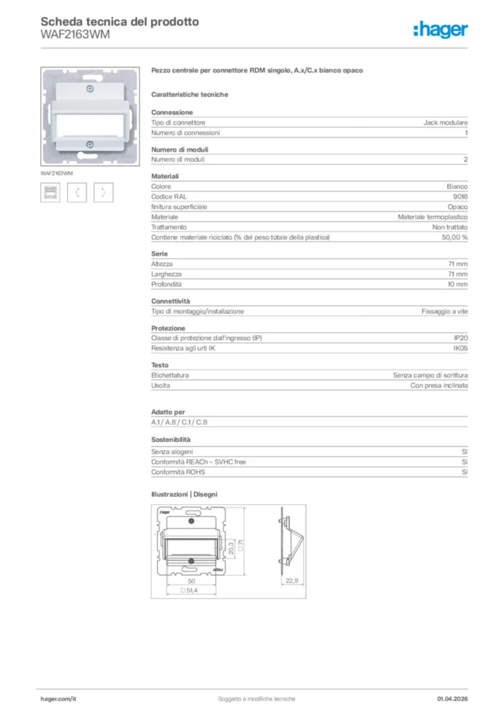 Immagine Hager Scheda tecnica del prodotto WAF2163WM | Hager Italia