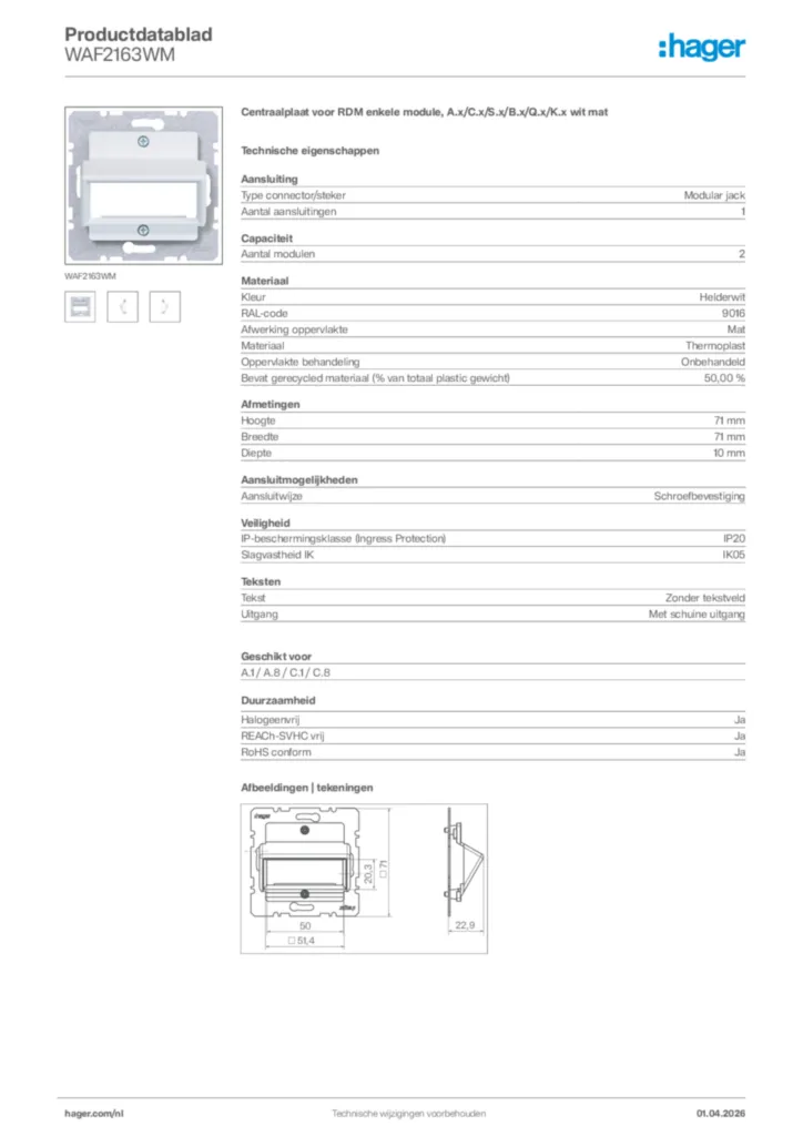 Afbeelding Hager Productdatablad WAF2163WM | Hager Nederland