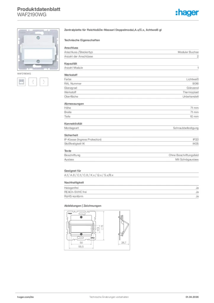 Bild Hager Produktdatenblatt WAF2190WG | Hager Deutschland