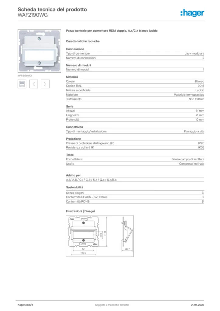 Immagine Hager Scheda tecnica del prodotto WAF2190WG | Hager Italia