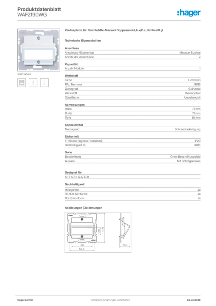 Bild Hager Produktdatenblatt WAF2190WG | Hager Deutschland