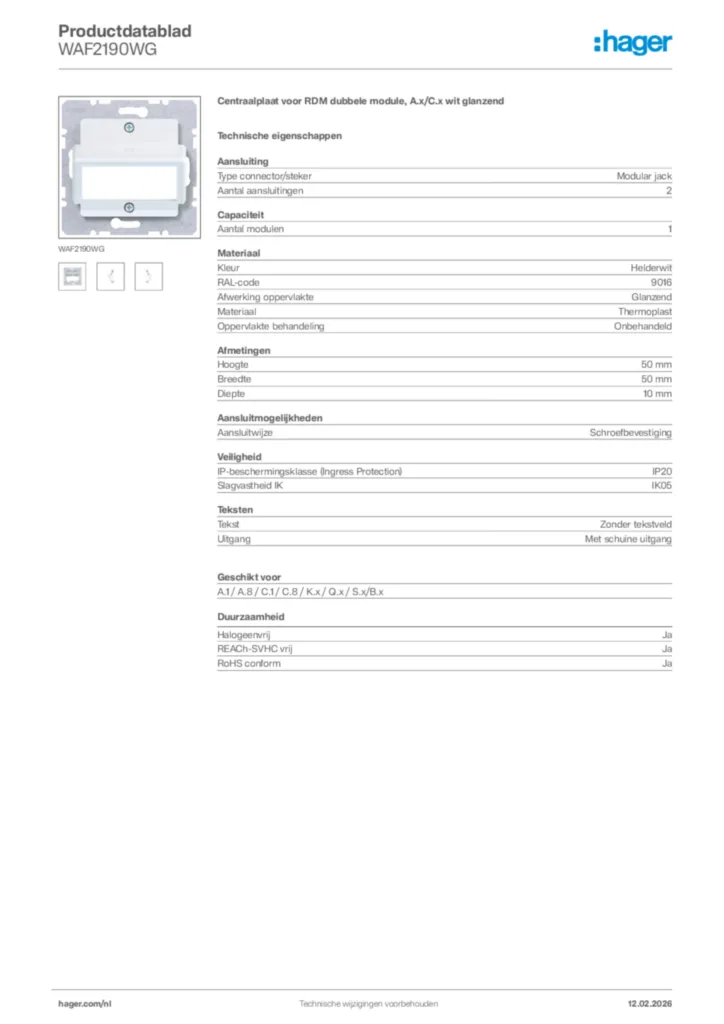 Afbeelding Hager Productdatablad WAF2190WG | Hager Nederland