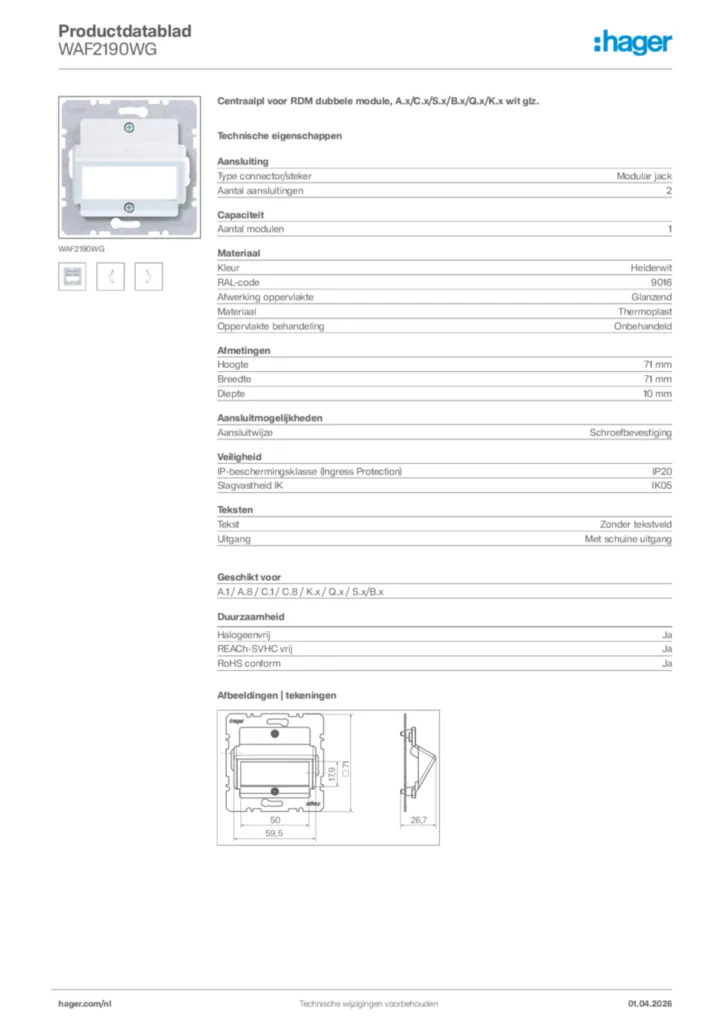 Afbeelding Hager Productdatablad WAF2190WG | Hager Nederland