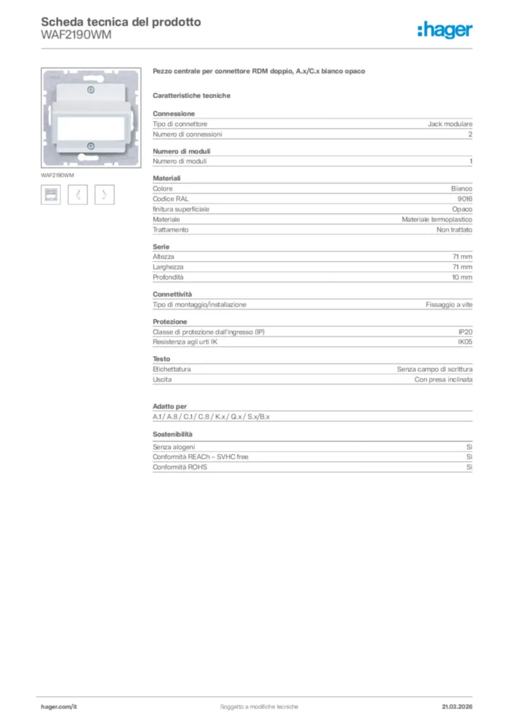 Immagine Hager Scheda tecnica del prodotto WAF2190WM | Hager Italia