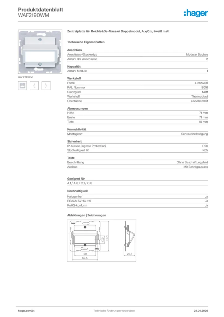 Bild Hager Produktdatenblatt WAF2190WM | Hager Deutschland