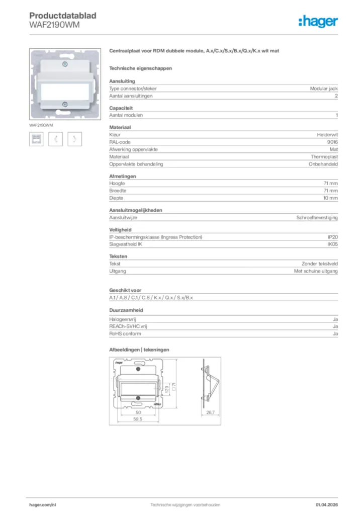 Afbeelding Hager Productdatablad WAF2190WM | Hager Nederland