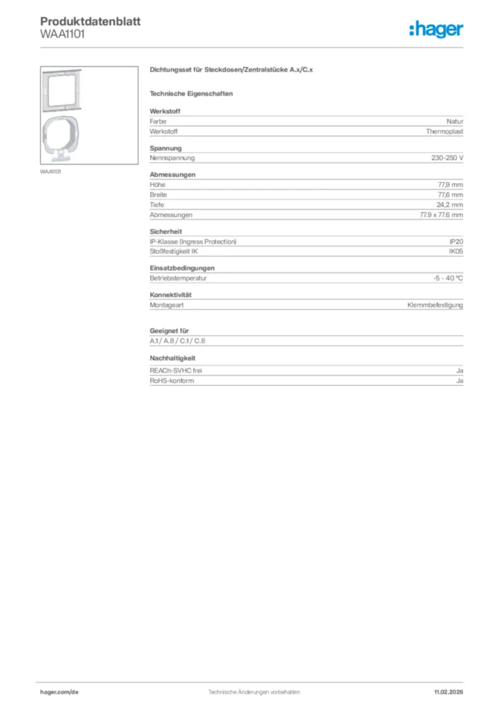 Bild Hager Produktdatenblatt WAA1101 | Hager Deutschland