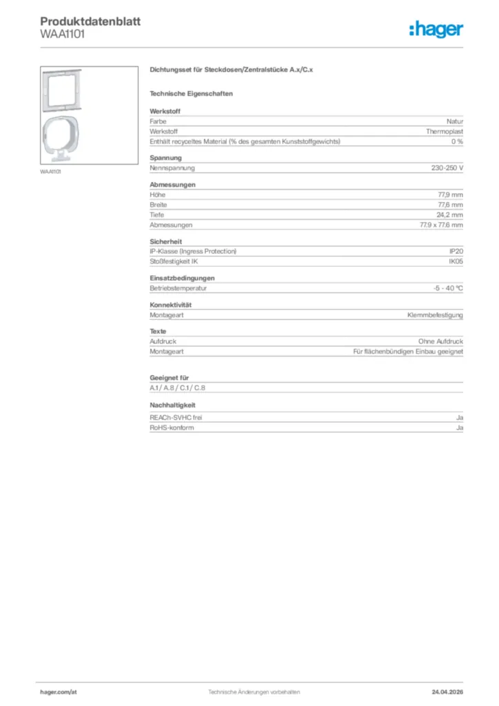 Bild Hager Produktdatenblatt WAA1101 | Hager Deutschland