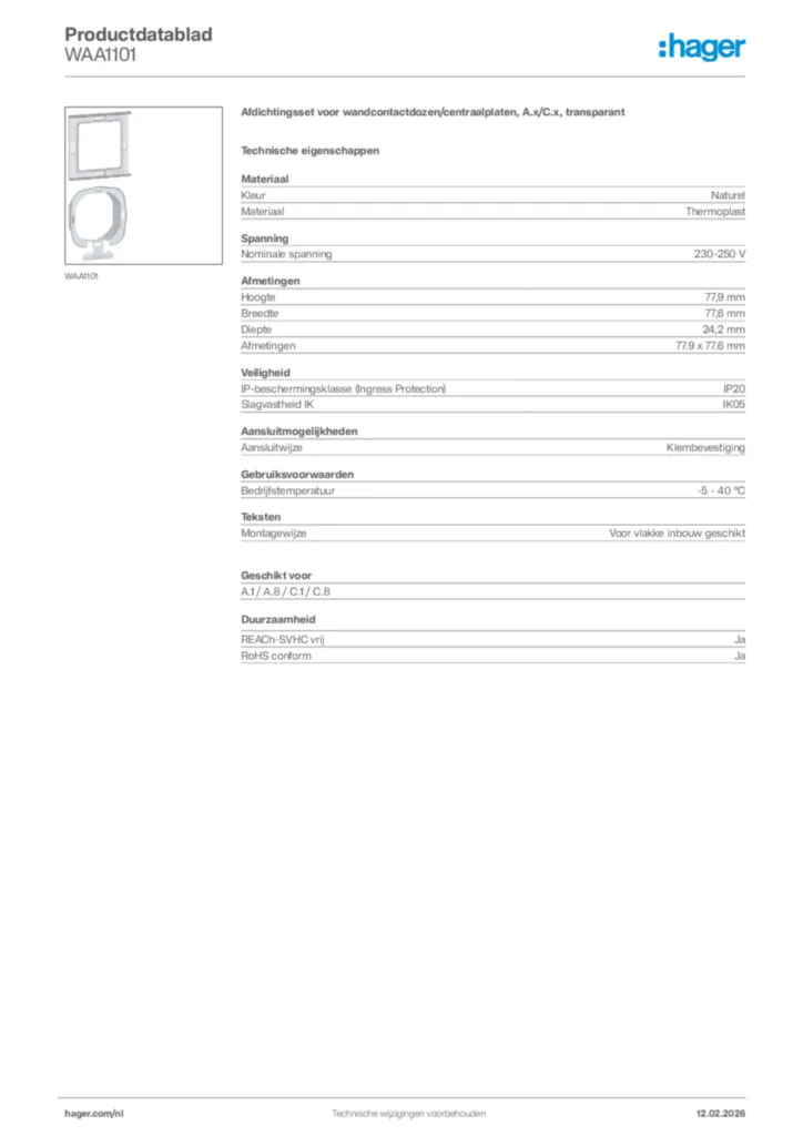 Afbeelding Hager Productdatablad WAA1101 | Hager Nederland