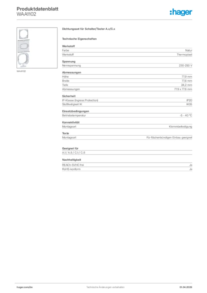 Bild Hager Produktdatenblatt WAA1102 | Hager Deutschland