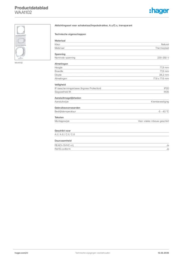 Afbeelding Hager Productdatablad WAA1102 | Hager Nederland