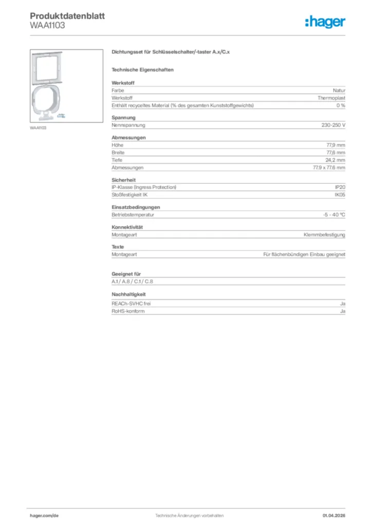 Bild Hager Produktdatenblatt WAA1103 | Hager Deutschland