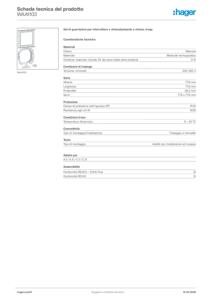 Immagine Hager Scheda tecnica del prodotto WAA1103 | Hager Italia