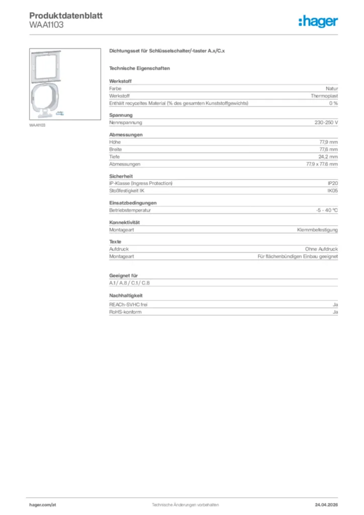 Bild Hager Produktdatenblatt WAA1103 | Hager Deutschland