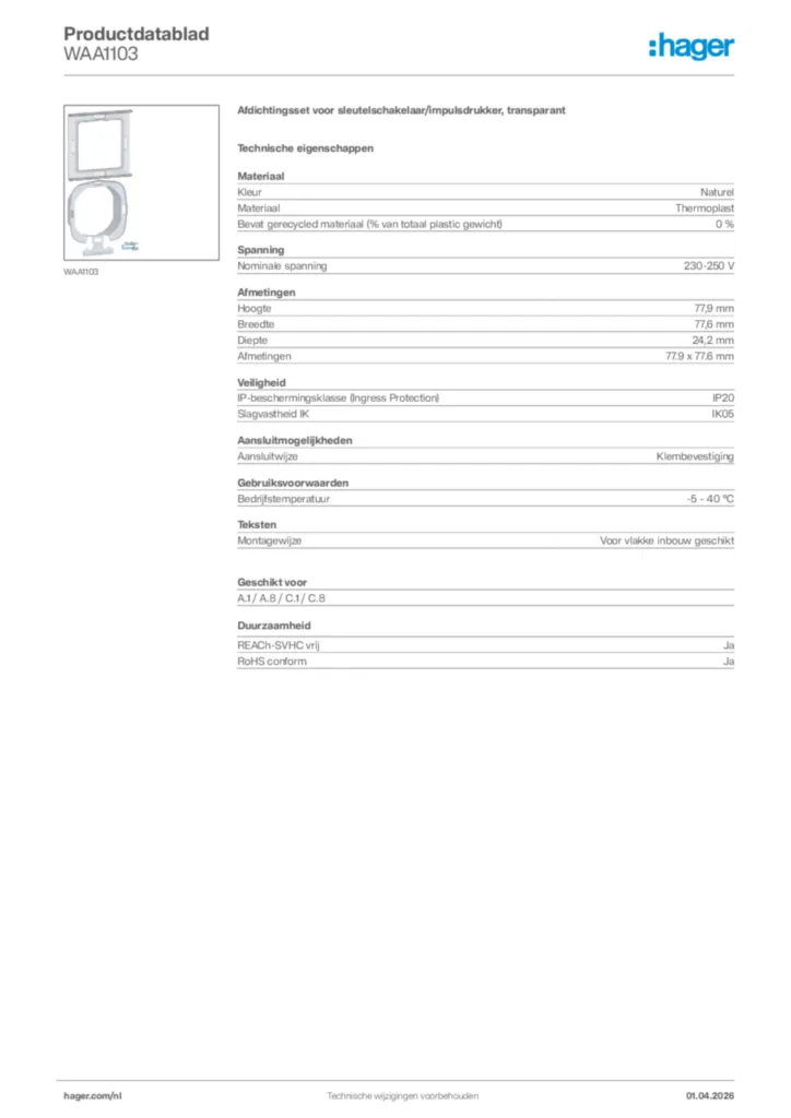 Afbeelding Hager Productdatablad WAA1103 | Hager Nederland