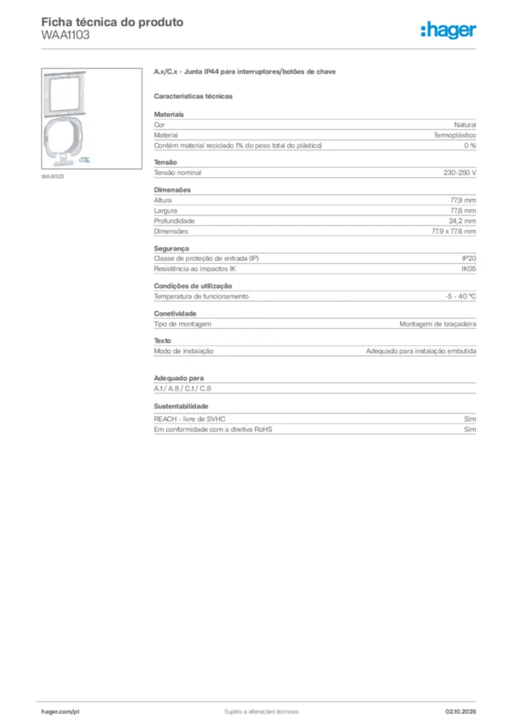 Imagem Hager Ficha técnica do produto WAA1103 | Hager Portugal
