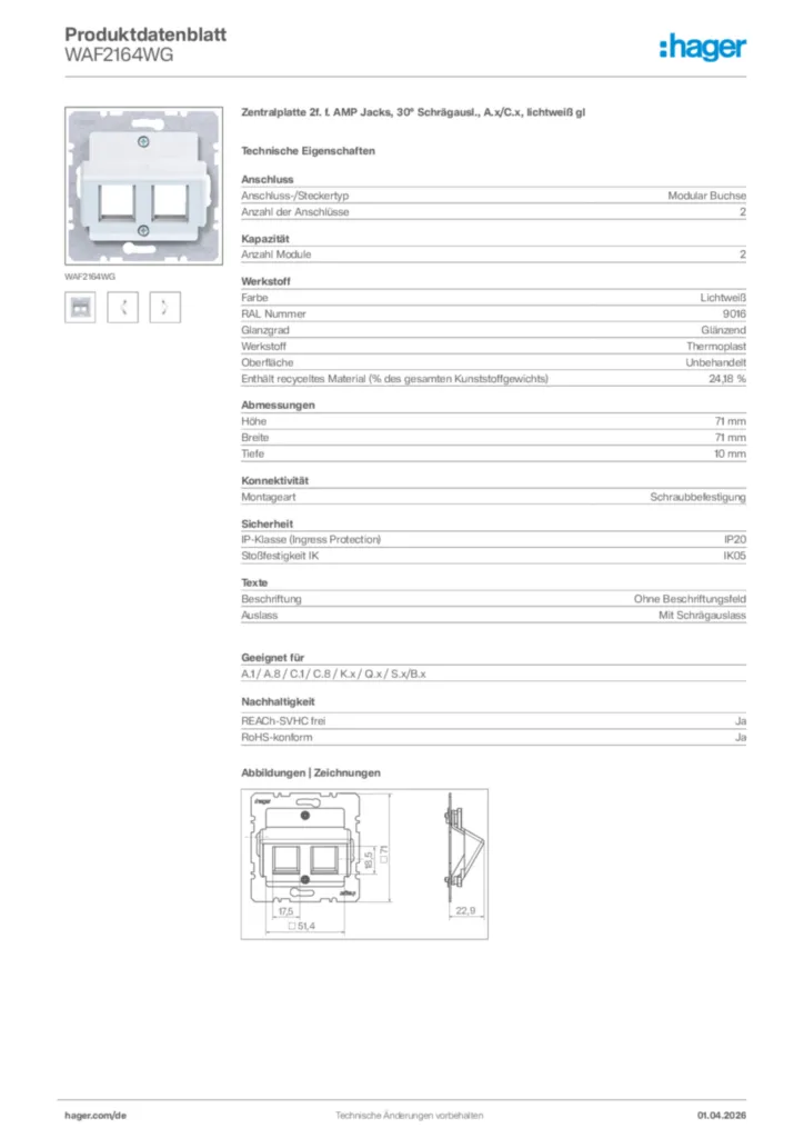 Bild Hager Produktdatenblatt WAF2164WG | Hager Deutschland