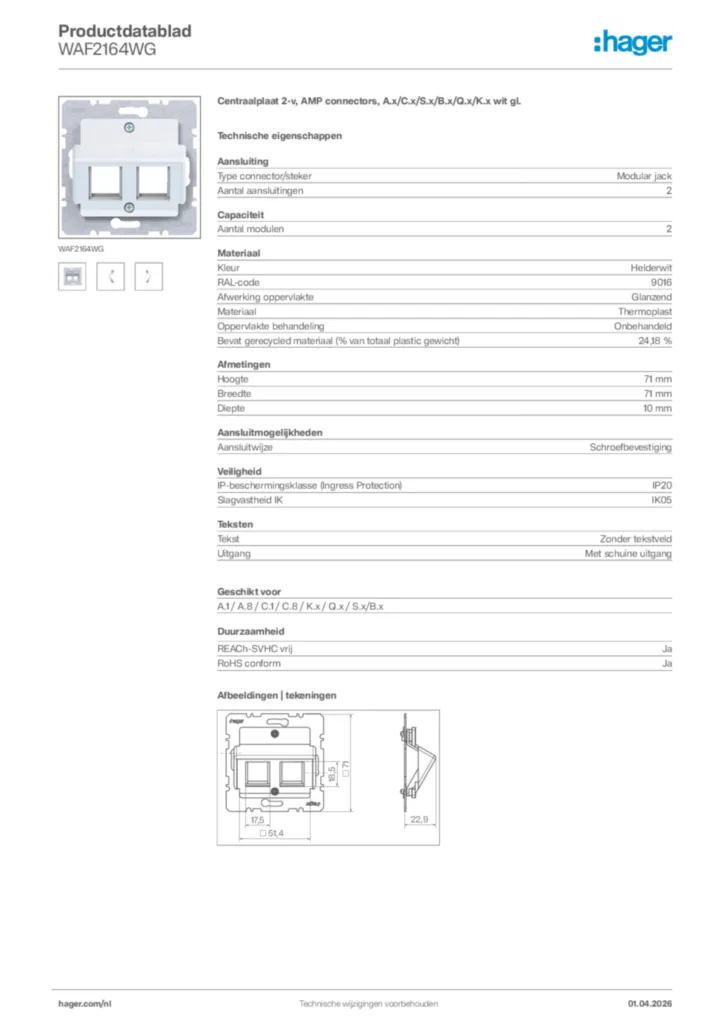 Afbeelding Hager Productdatablad WAF2164WG | Hager Nederland