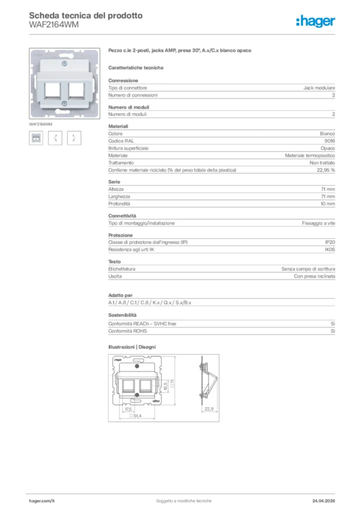 Immagine Hager Scheda tecnica del prodotto WAF2164WM | Hager Italia