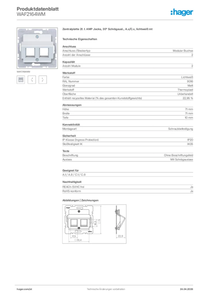 Bild Hager Produktdatenblatt WAF2164WM | Hager Deutschland