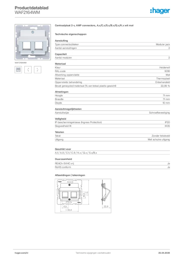 Afbeelding Hager Productdatablad WAF2164WM | Hager Nederland