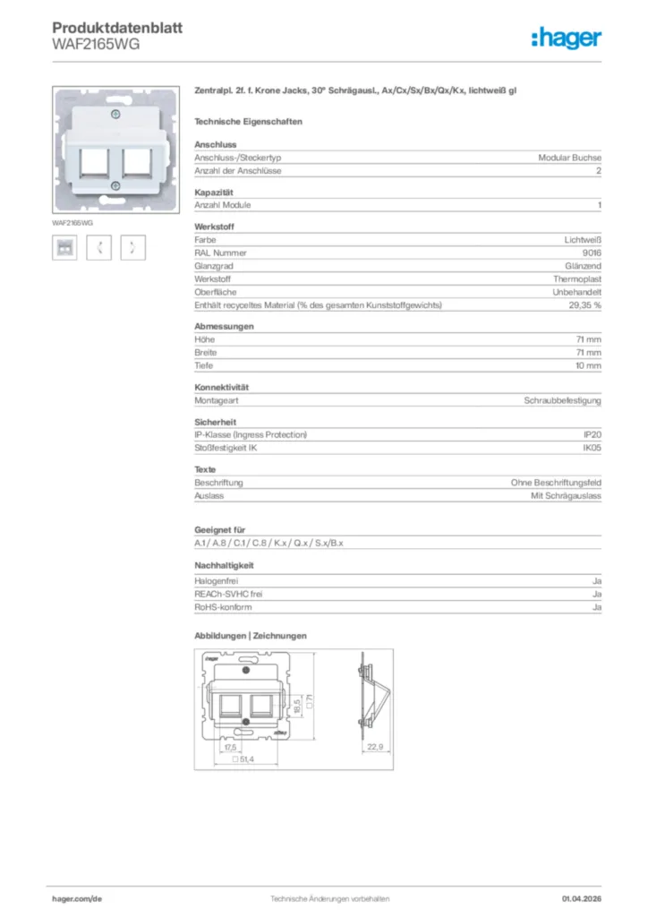 Bild Hager Produktdatenblatt WAF2165WG | Hager Deutschland