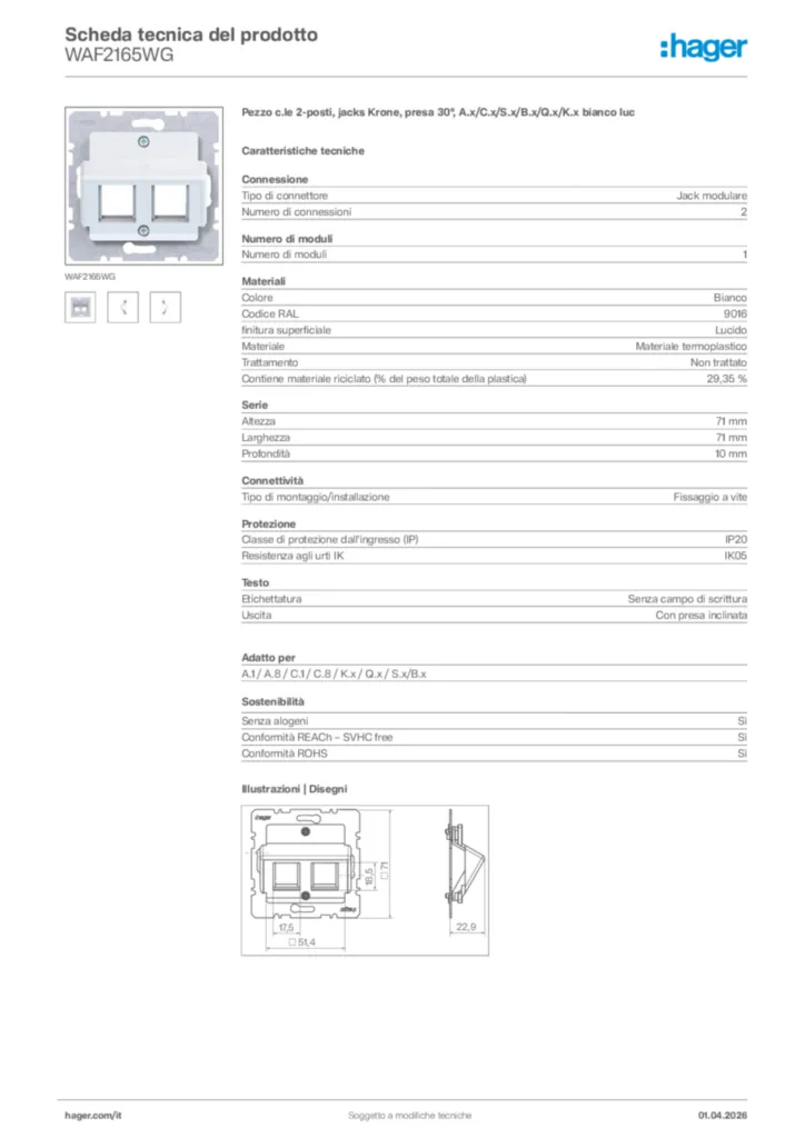 Immagine Hager Scheda tecnica del prodotto WAF2165WG | Hager Italia
