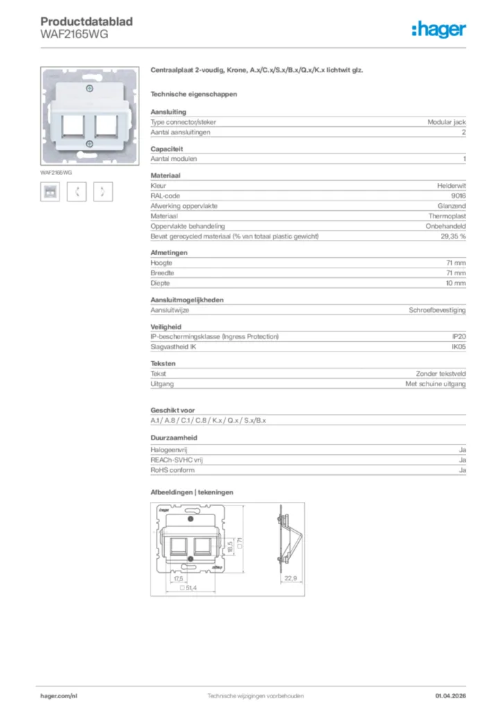 Afbeelding Hager Productdatablad WAF2165WG | Hager Nederland