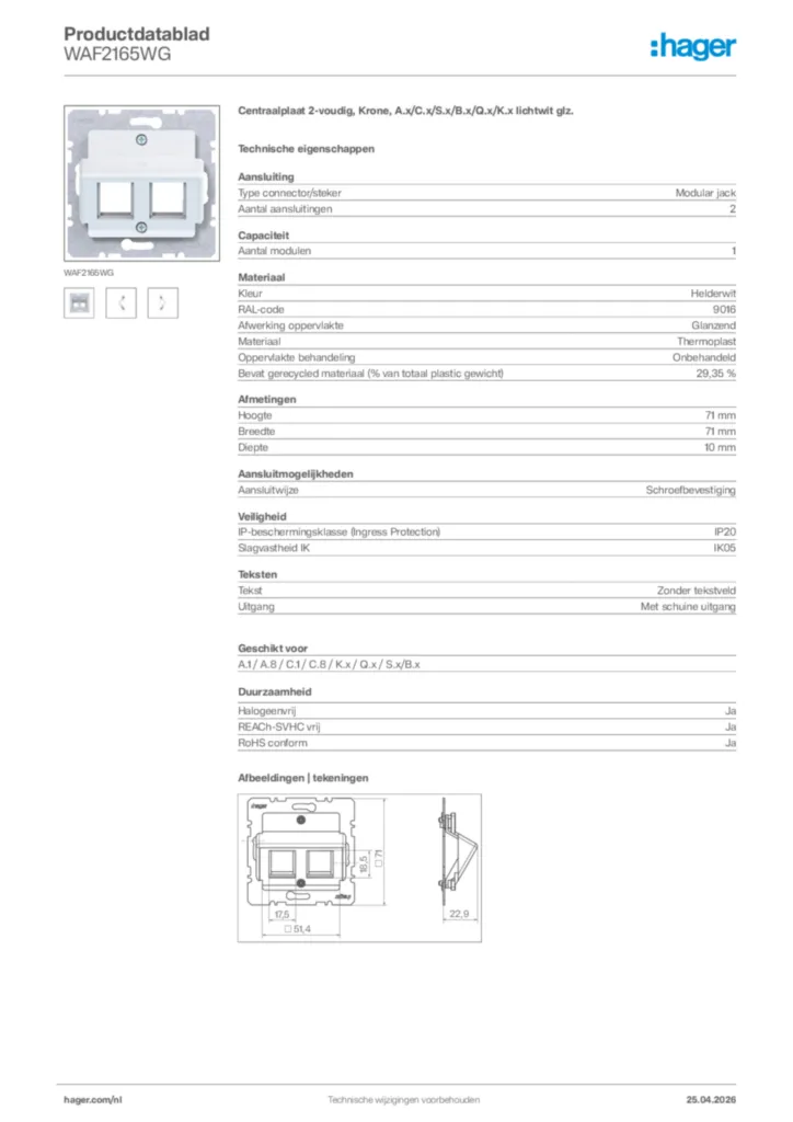 Afbeelding Hager Productdatablad WAF2165WG | Hager Nederland