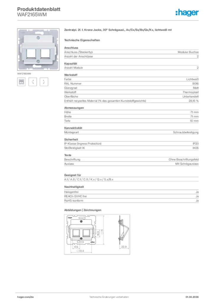 Bild Hager Produktdatenblatt WAF2165WM | Hager Deutschland