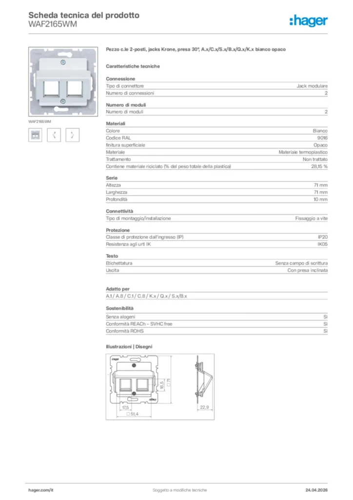 Immagine Hager Scheda tecnica del prodotto WAF2165WM | Hager Italia