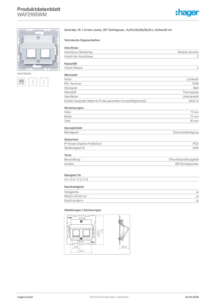 Bild Hager Produktdatenblatt WAF2165WM | Hager Deutschland