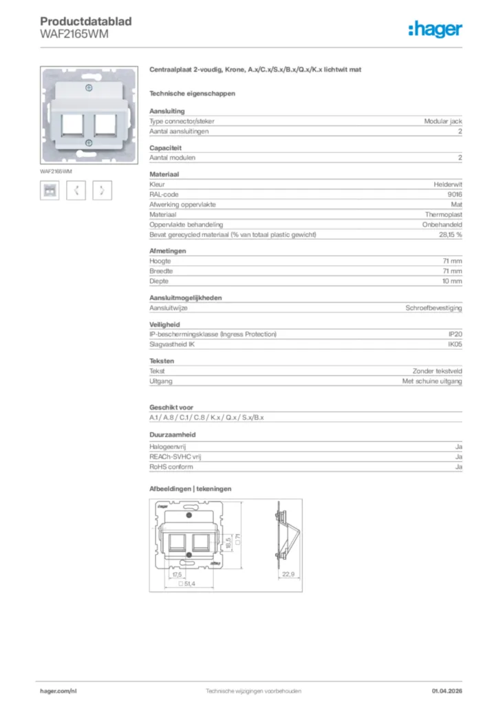 Afbeelding Hager Productdatablad WAF2165WM | Hager Nederland