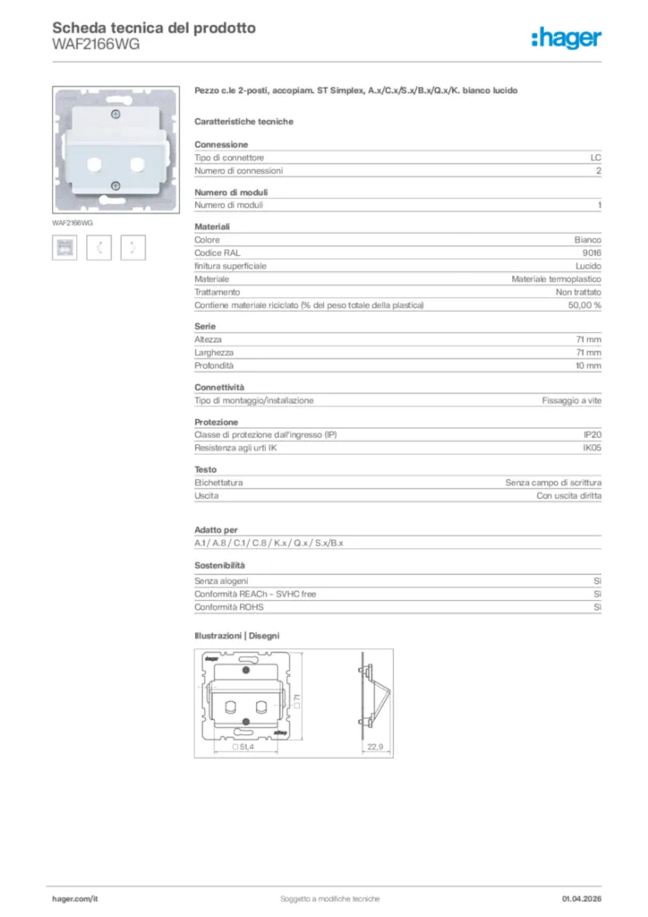 Immagine Hager Scheda tecnica del prodotto WAF2166WG | Hager Italia