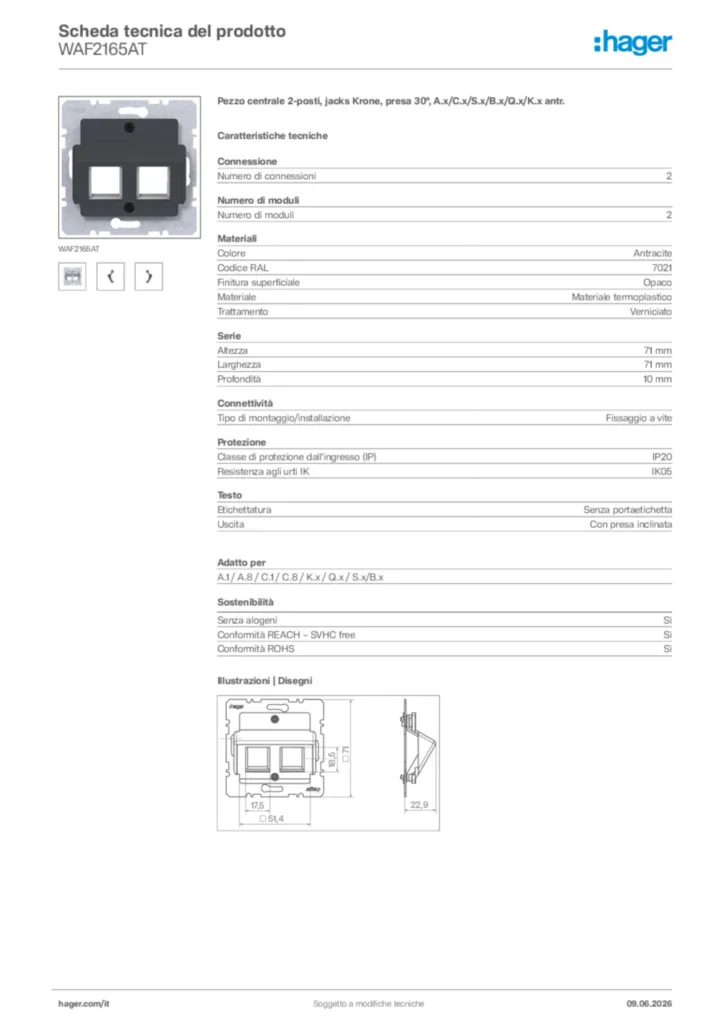 Immagine Hager Scheda tecnica del prodotto WAF2165AT | Hager Italia