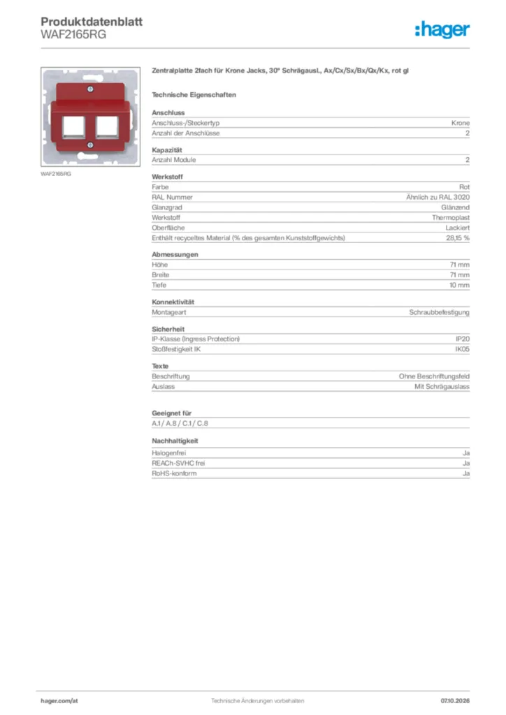 Bild Hager Produktdatenblatt WAF2165RG | Hager Deutschland
