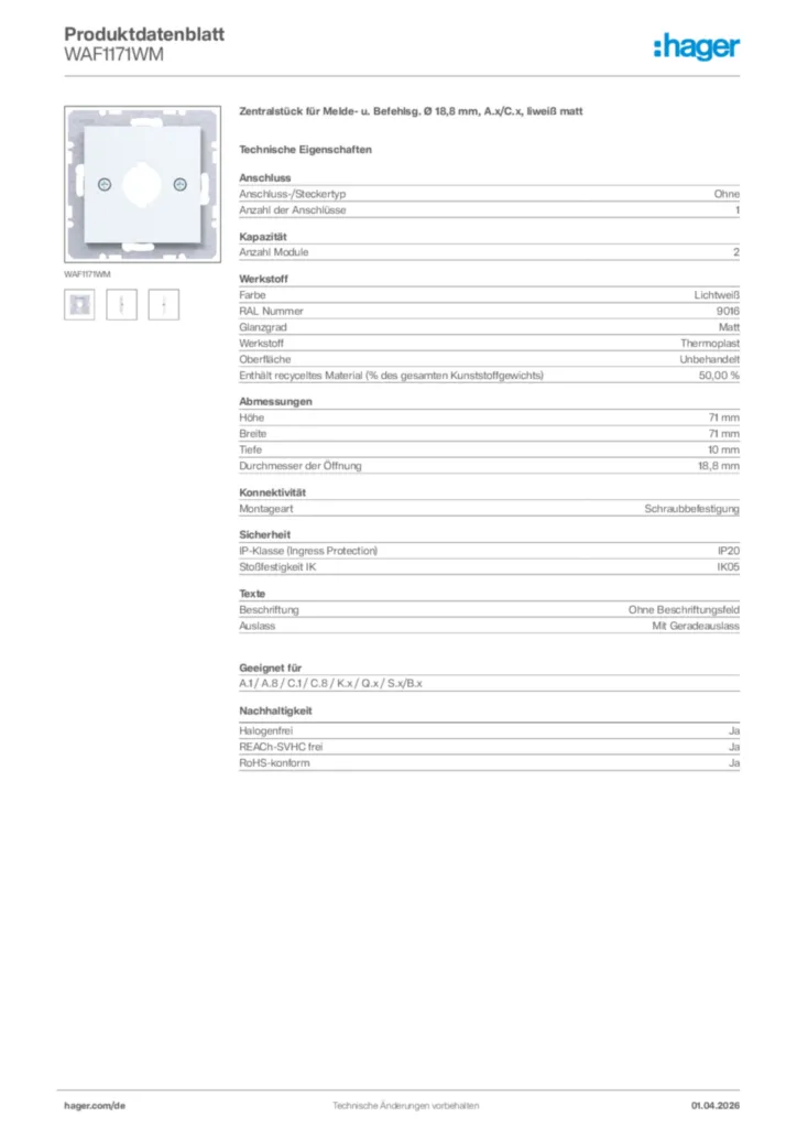 Bild Hager Produktdatenblatt WAF1171WM | Hager Deutschland