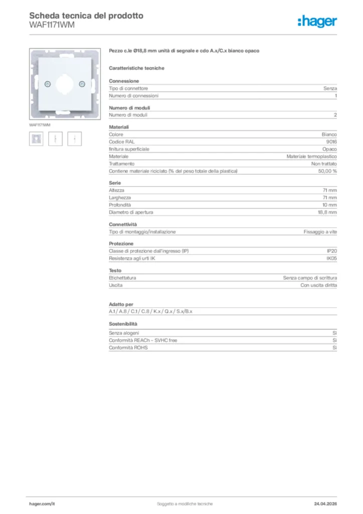 Immagine Hager Scheda tecnica del prodotto WAF1171WM | Hager Italia