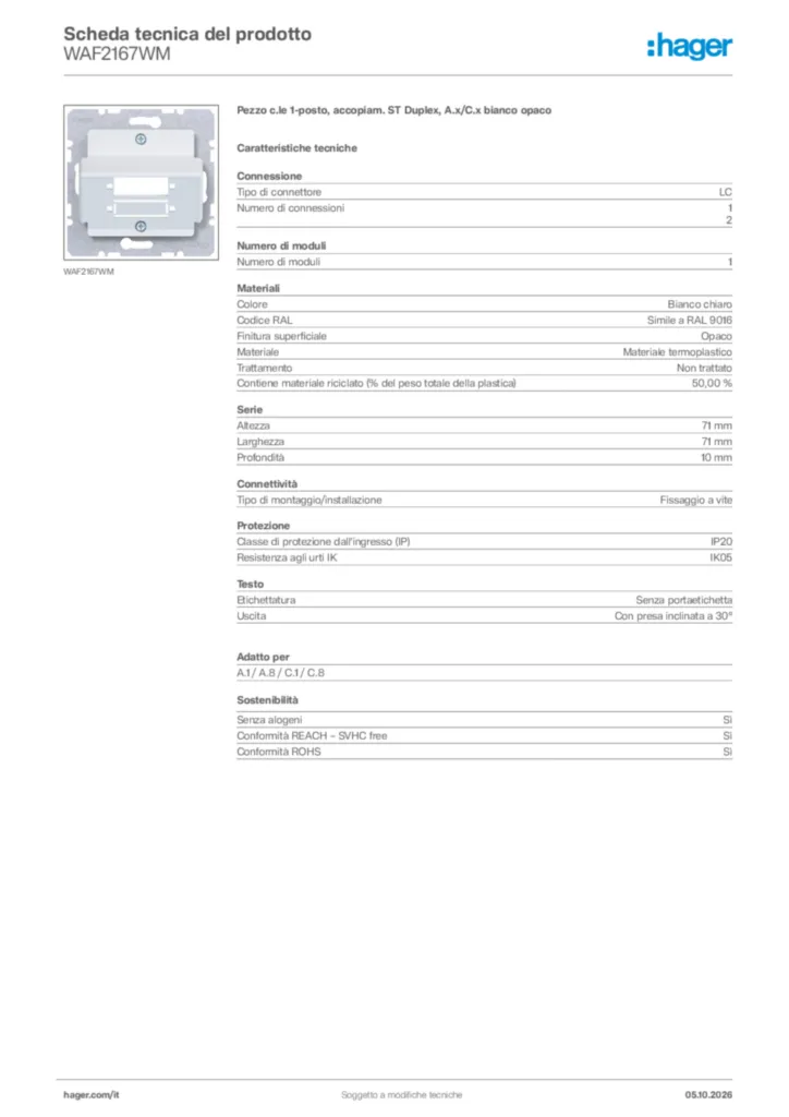 Immagine Hager Scheda tecnica del prodotto WAF2167WM | Hager Italia