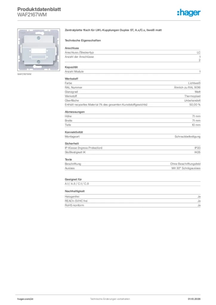 Bild Hager Produktdatenblatt WAF2167WM | Hager Deutschland