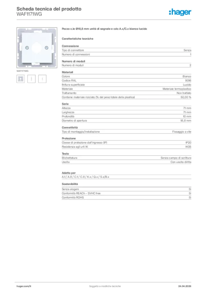Immagine Hager Scheda tecnica del prodotto WAF1171WG | Hager Italia