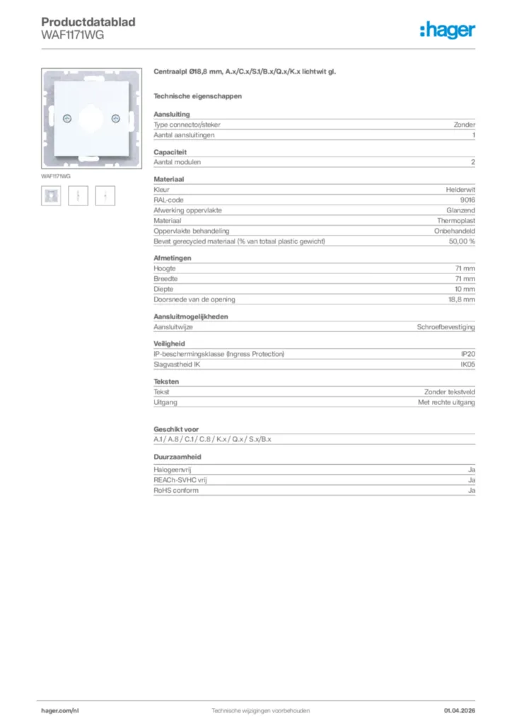 Afbeelding Hager Productdatablad WAF1171WG | Hager Nederland