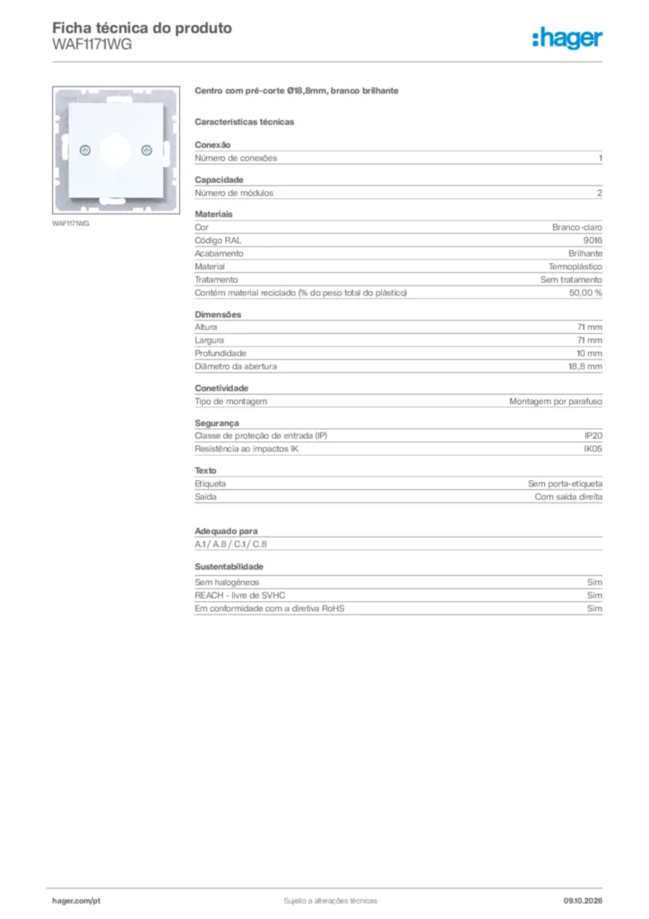Imagem Hager Ficha técnica do produto WAF1171WG | Hager Portugal